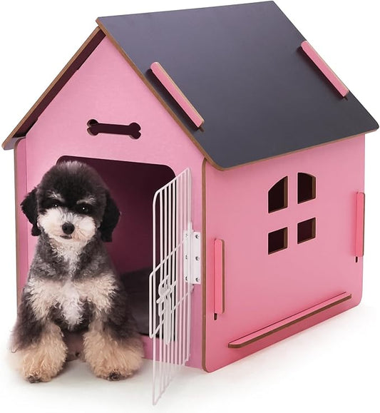 Dog House Indoor for Small Dogs or Cats, Cozy Wooden Design, Small Indoor Bed House, with Air Vents and Elevated Floor Warm Dog Cave (Large Pink)