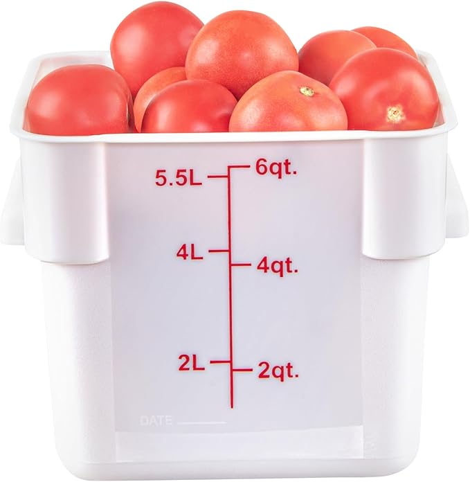 Restaurantware Food Storage Container 10 Pack of 6 qt Plastic Kitchen Storage Bin with Volume Markers Space-Efficient Design Dishwasher-Safe Polypropylene White
