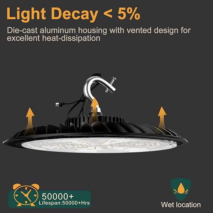 6Pack 320W UFO LED High Bay Light, 48000lm (Eqv.1200W MH/HPS) high Bay LED Lights, 5000K US Plug Commercial Warehouse/Workshop/Wet Location Area Light -5 Years Warranty