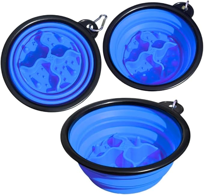 Collapsible Cat Bowl, Maze Design Pet Puzzle Feeder, 650ml Dog Slow Feeding Bowls, Dog Slow Feeding Bowl with Carabiner Portable BPA-Free Silicone Pet Bowls for Hiking,Travel,Camping - Colour Blue