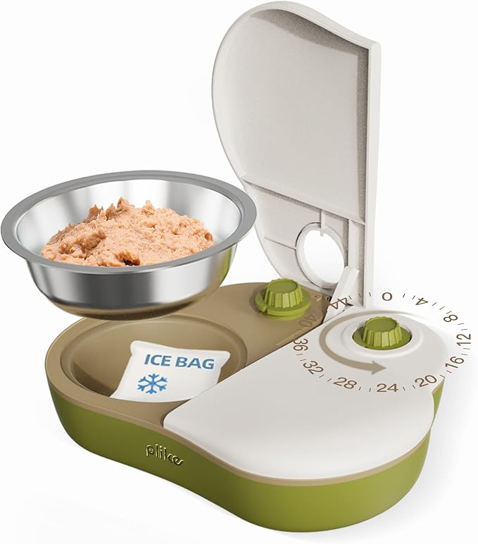 Plike 2-Meal Automatic Pet Feeder, 48H Timed Wet Food Refrigerated Dispenser, Includes 2 Ice Packs and Stainless Steel Pet Bowl, Ideal for Wet Food, Yogurt & Canned Meals – for Cats & Small Dogs