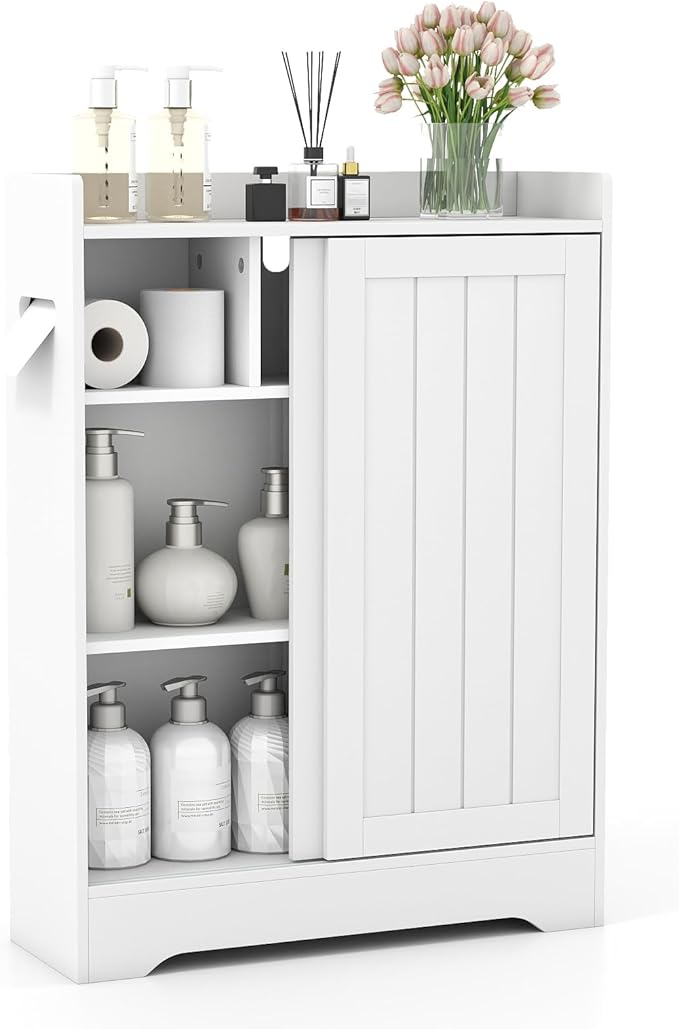 Giantex Bathroom Storage Cabinet, Slim Floor Cabinet w/2 Sliding Doors & Adjustable Shelves, Next to Toilet Storage Organizer w/Toilet Paper Holders & Brush Compartment for Small Space (White)