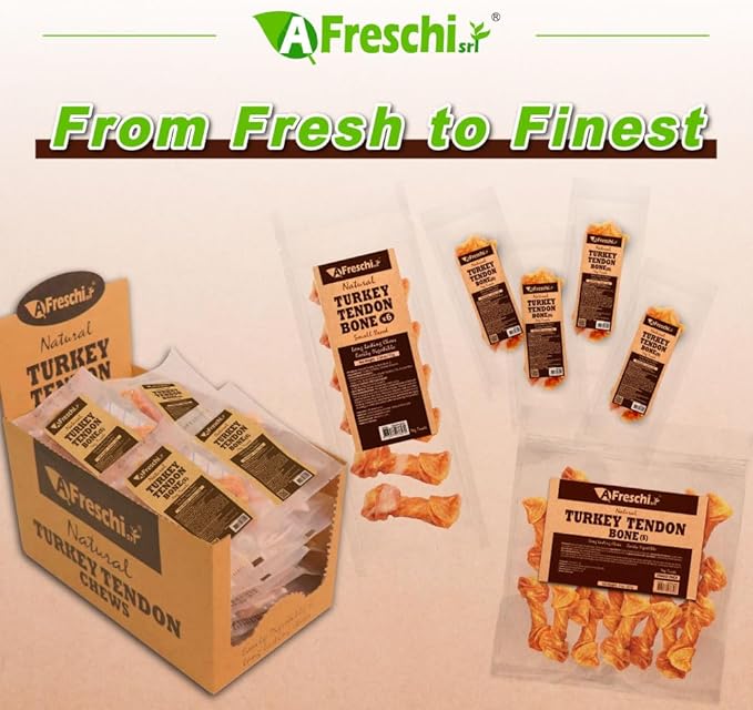 AFreschi Turkey Tendons for Dogs, USA-Sourced, Healthy Dog Treats, Rawhide-Free Puppy Chews, Long Lasting, All Natural, Hypoallergenic Dog Treats for Small Breeds, 4 Count Pack Bone (S)