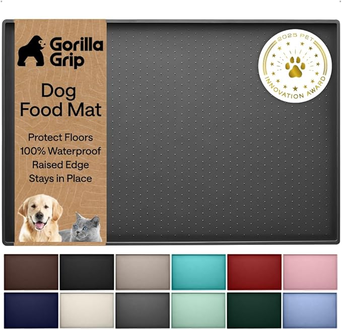 GORILLA GRIP 100% Waterproof Raised Edge BPA Free Silicone Pet Feeding Mat, Dog Cat Food Mats Contain Spills Protects Floors, Placemats for Cats and Dogs Water Bowl, Pets Accessories 28x18 Charcoal