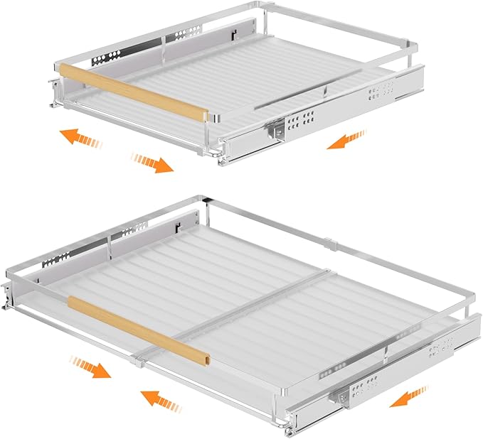 SANNO Expandable Pull Out Cabinet Shelf, Under Sink Slide Out Organizer, Pots Pans Kitchen Organizer Basket Expandable Dish Drying Rack,Stainless Steel Dish Rack Dish Drainer Rack