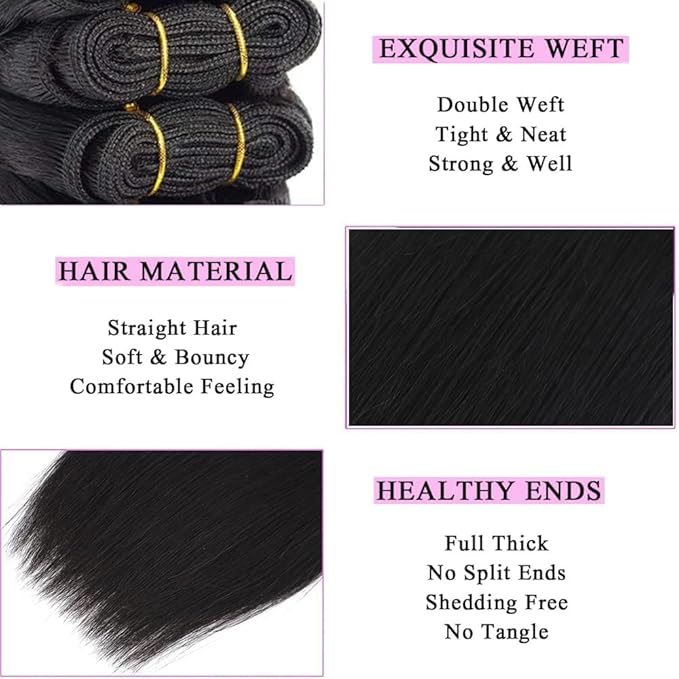 Selina Brazilian Virgin Hair 4 Bundles Human Hair 8 8 8 8 Inch With Lace Closure Human Hair 10 Inch Hair Extensions For Women Natural Black Color (8" 8“ 8” 8“ with 10" Closure)