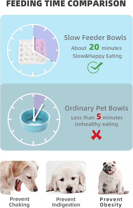 Square Slow Feeder Dog Bowls, Ceramic Fun Slow Eater Bowl for Small Medium Breed (White)