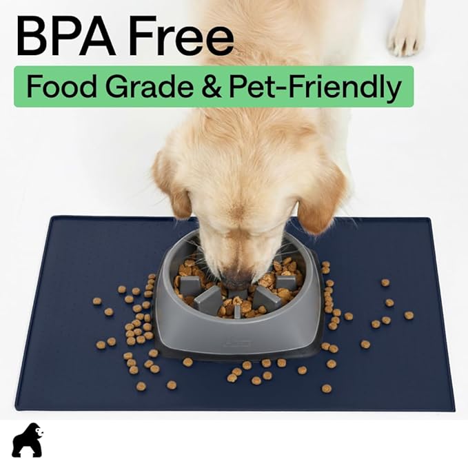 GORILLA GRIP 100% Waterproof Raised Edge BPA Free Silicone Pet Feeding Mat, Dog Cat Food Mats Contain Spills Protects Floors, Placemats for Cats and Dogs Water Bowl, Pets Accessories 23x15 Navy