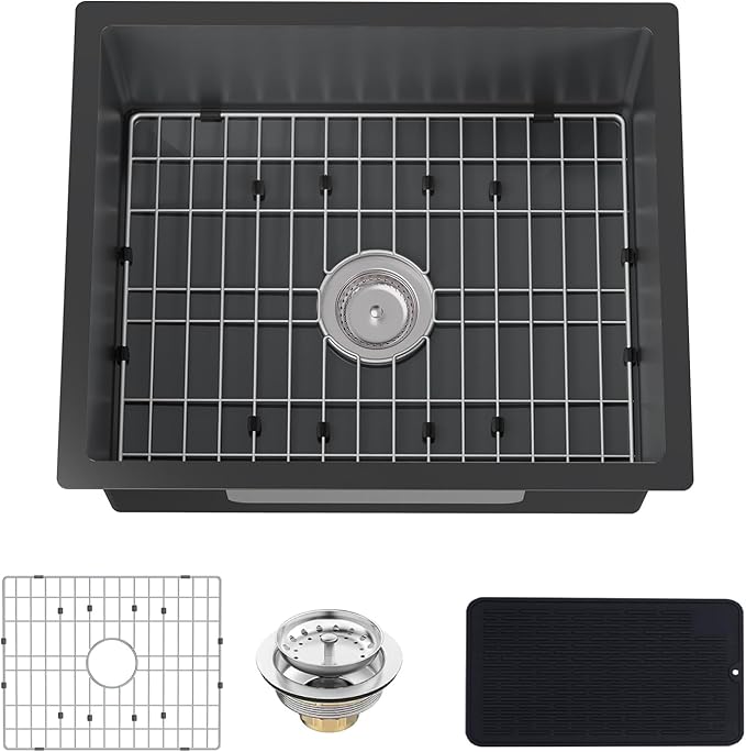 Black Kitchen Bar Sink Combo - 22x18 Inch Stainless Steel Undermount Single Bowl Modern Sink with SS Grid, Silicon Mat, Drain Strainer Set