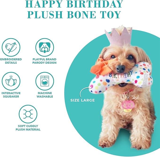 Haute Diggity Dog Happy Birthday Bone, Plush Designer Dog Toys with Interactive Squeaker, Stimulating Pet Enrichment, Machine-Washable & Safe Materials for All Breeds, Size XL
