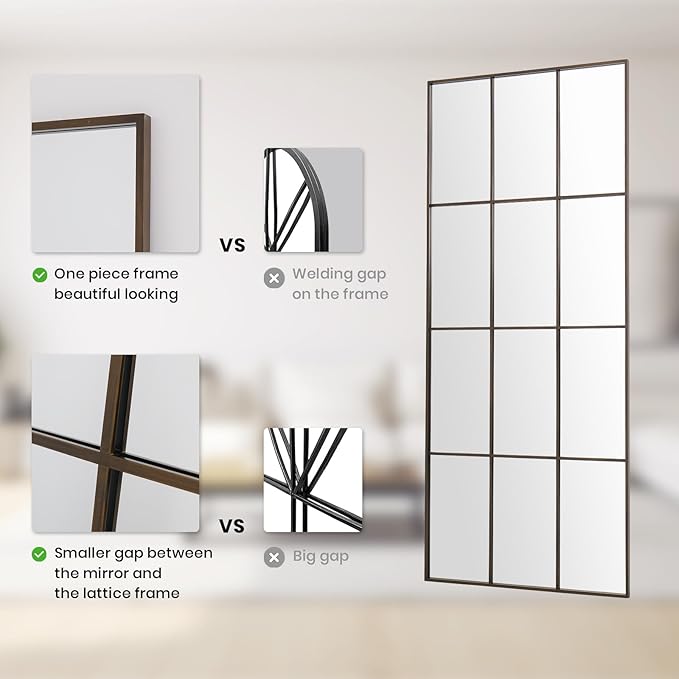 Windowpane Mirrors Full Length 65"x24" Wall Mounted Bronze Art Pane Mirror Farmhouse Decorative Floor Mirrors Leaning Hanging Wall Mirror for Bedroom Living Room Entrance