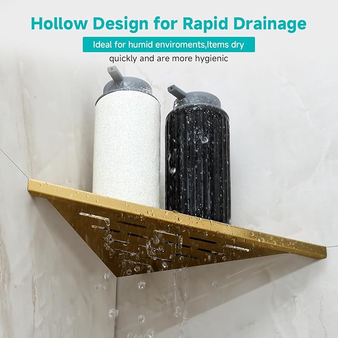 2-Pack 10" Corner Shower Shelf Golden Brushed Wall Mounted No Drilling Bathroom Shelves, Recessed Shower Caddy for Inside Shower, Stainless Steel Triangular Shower Organizer