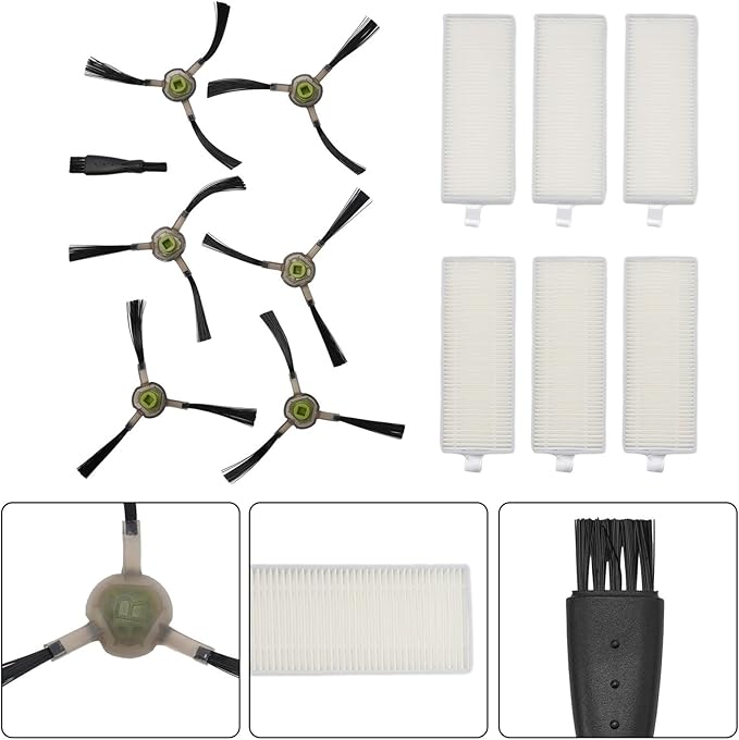 Side Brush and Filter Kit for Life K2 K3 K4 K5 and M210 M210S M210B M213 Robot Vacuum Cleaner, 6 Filters, 6 Side Brushes, Cleaning Brush