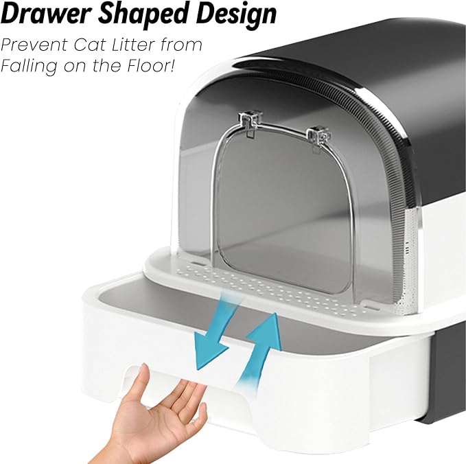 Enclosed Litter Box with Front Door Flap and Scoop, Covered Kitty Litter Box with Handle and Buckles for Portability and Privacy (Shining Black)