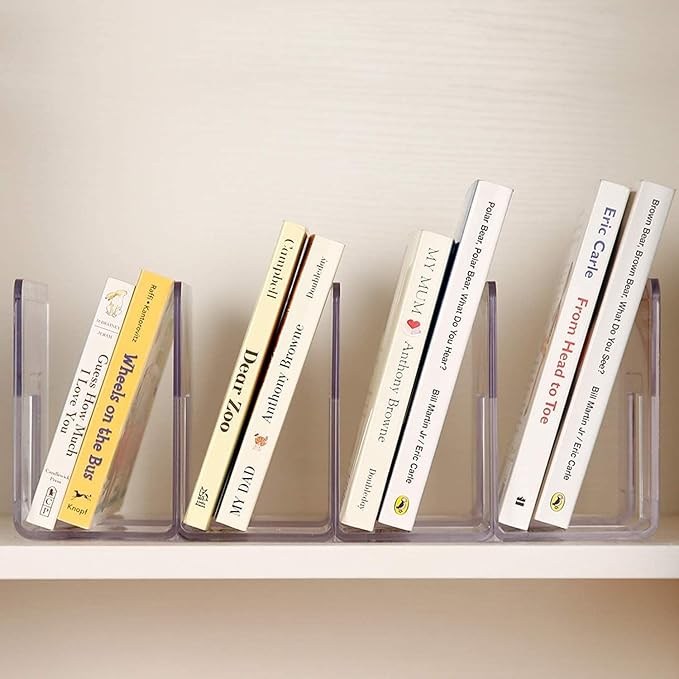 YAGELI Clear Acrylic Purse Organizer for Closet, 3-4 Section Desk File Sorter, 2.95" Wide Slots for Clutches, Handbags, Binders & Folders, Sturdy Stackable Bookshelf Organizer