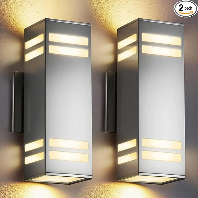 Dusk to Dawn Outdoor Lighting 2 Pack, Up and Down Lights Stainless Steel Exterior Light Fixture with Photocell Sensor, Waterproof Modern Outside Lights for House Garage Porch, LED Bulbs Included