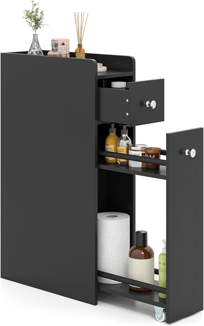 Giantex Slim Bathroom Storage Cabinet, Space-saving Toilet Side Cabinet with Slide-out Drawers on 3 Wheels, Freestanding Narrow Toilet Paper Holder for Living Room, Laundry Room, Compact Space (Black)