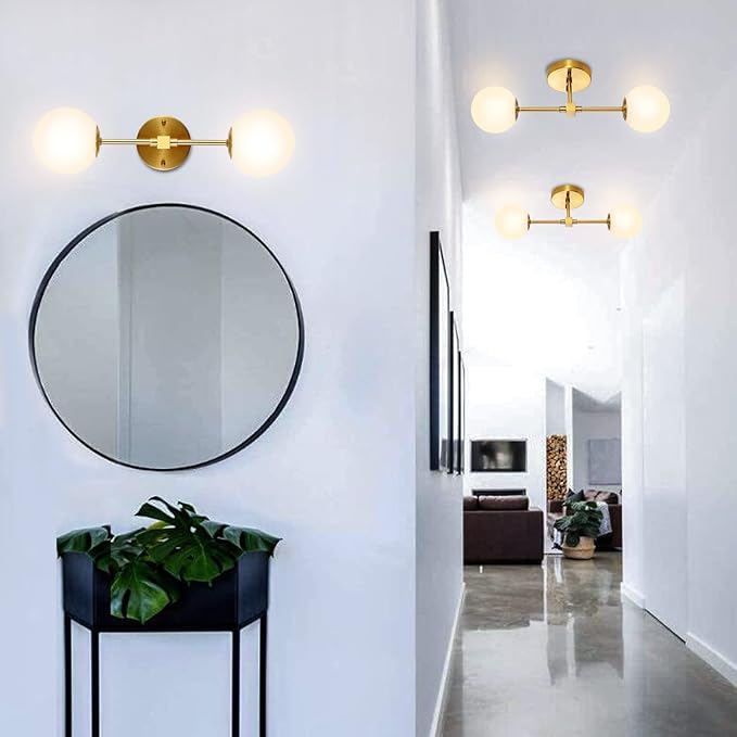 Modern Wall Sconce 2-Lights Industrial Mid Century Bathroom Vanity Wall Light with White Globe Glass Lampshade Brushed Brass Finished Lighting Fixture (Gold Color)