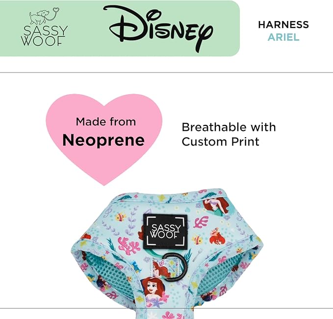 Sassy Woof Dog Adjustable Harness - Disney Princess Little Mermaid Ariel - M, Breathable Mesh, No Pull Design with Two D-Rings, Perfect for Medium Dogs - Officially Licensed
