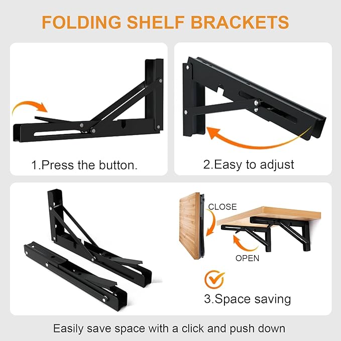 Storystore Folding Shelf Brackets - 22 Inch Heavy Duty Metal Collapsible Shelf Bracket for Bench Table, Shelf Hinge Wall Mounted Space Saving DIY Bracket, Max Load: 150 lb (2 PCS, Black)