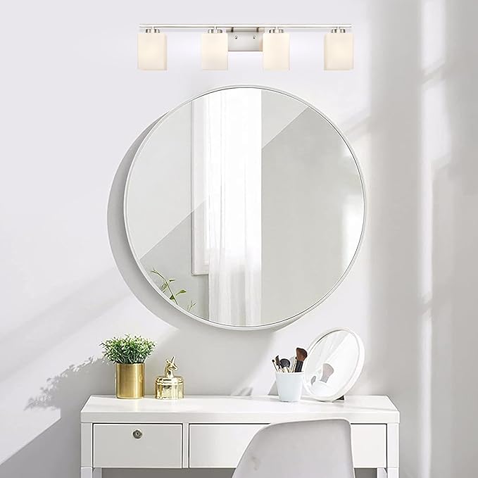Edvivi Bathroom Light Fixtures, 4-Light Modern Brushed Nickel Vanity Light Over Mirror, Wall Sconces with Square White Glass Shades for Living Room, Bedroom, Hallway, E26 Base