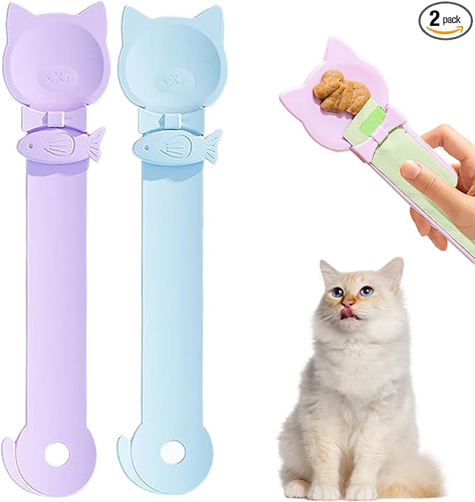 PETPAWLOVELY-2PCS Cat Treat Spoon Squeeze,Cat Strip Feeder Spoon,Multi-Function Dispenser Tool,Easy Feeding Spoon for Licky Treats,Pet Food Spoon for Wet Food(2 Color)