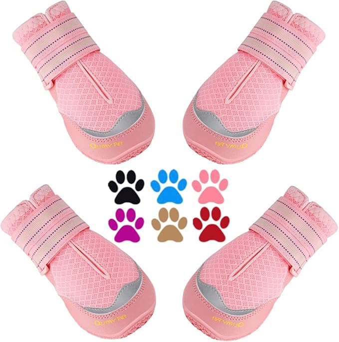 QUMY 4PCS Dog Boots for Large Dogs, Medium Dog Shoes & Paw Protectors for Hot Pavement, Summer Heat Protection, Mesh Breathable Nonslip Dog Booties for Hardfloors, Walking Running Hiking Pink Size 6