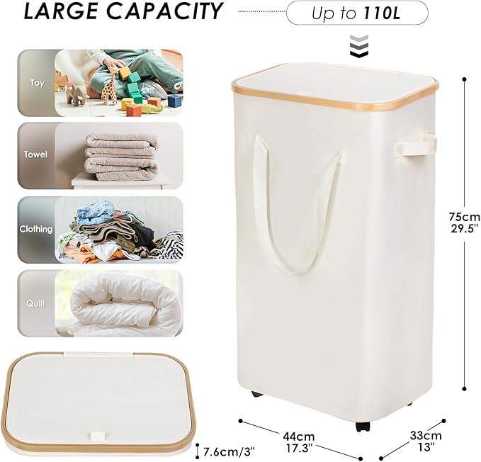WELTRXE Laundry Basket with Wheels, 110L Large Clothes Hamper for Laundry, Collapsible & Waterproof Laundry Hamper with Lid and Removable Inner Bag, for Laundry Room, Bedroom, Dormitory Storage, Beige