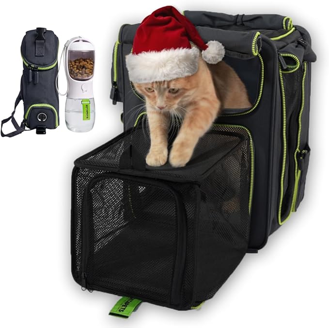 Multi-Functional Cat Carrier Backpack and Cat Car Seat, Expandable cat Carriers with Safety Leash, Breathable Mesh & Waterproof Large cat Backpack Carrier Up to 25 lbs 3 in 1 Food&Water Bottle