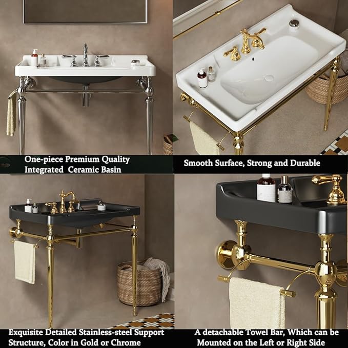 36" Bathroom Console Sink, Wall-Mounted Black Ceramic Vanity Basin with 3 Pre-drilled Faucet Holes, Freestanding Chrome Stainless Steel Support Legs with Towel Bar, No Faucet - Rome, Black