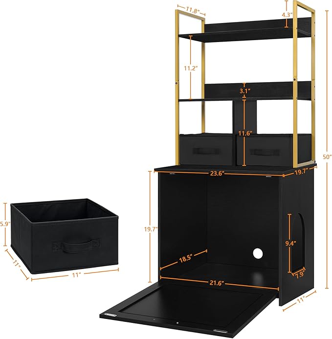DWANTON Litter Box Enclosure with 2 Storage Shelves and 2 Drawers, 2-in-1 Hidden Cat Litter Box Enclosure Furniture with Shelf, Reversible Entrance, Washable Drawers, 50-Inch, Black+Gold