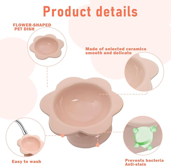 2 Pcs Ceramic Raised Cat Bowls Flower 7 oz Tilted Elevated Cat Food Bowl Cat Dishes for Anti Vomiting Protecting Spine Pet Feeder Water Bowl for Cat Kitten (Pink)