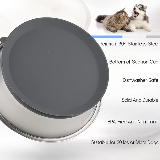 Nicelock Stainless Steel Dog Bowl | Set of 2, Metal Dog Bowls with Suction Base, Rubber Bottom & Premium Material & Easy Clean (Gray-2 Pack)