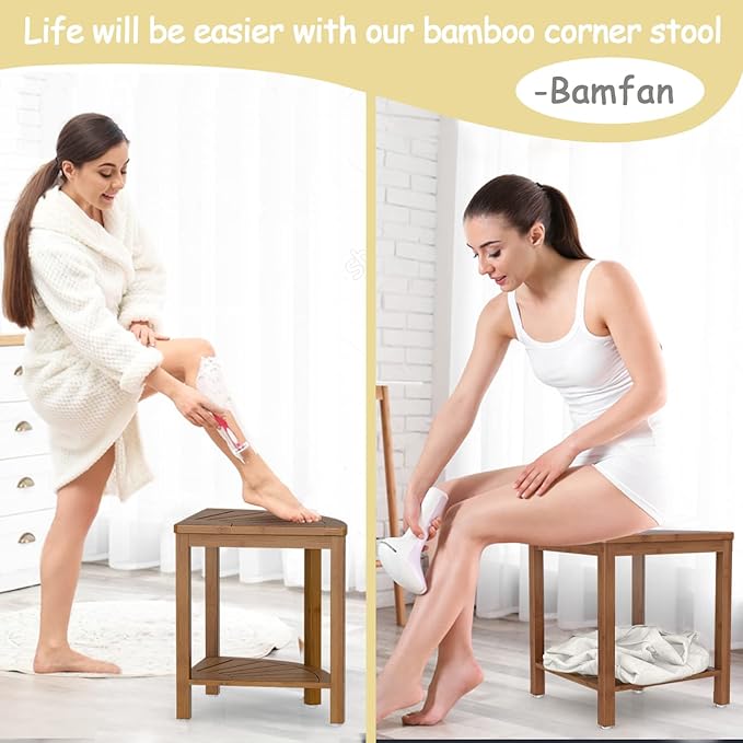 Bamboo Corner Shower Bench Waterproof Stool with Space-Efficient Storage Shelf - Shower Stool Seat for Indoor or Outdoor Use(Walnut)