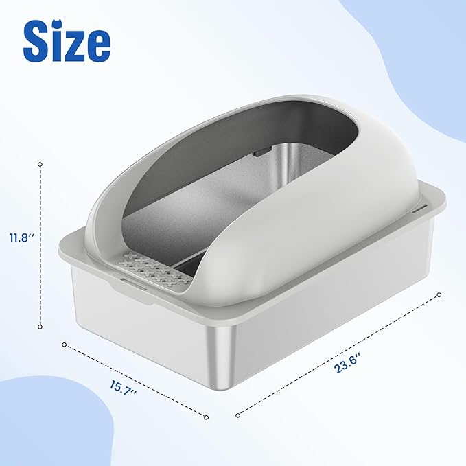 Stainless Steel Cat Litter Box with Lid, High Sided Large Cat Litter Box for Anti-Urine Leakage, Included Scoop and Litter Mat, Light Gray
