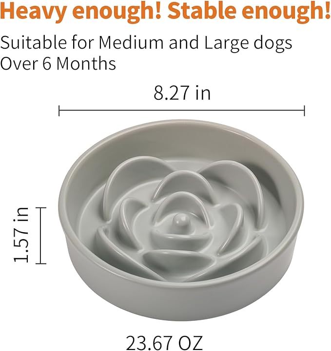 Grey Ceramic Dog Bowl Slow Feeder for Medium and Large Breed,Elevated/Raised 1.5 Cup 8.26 in Slow Feeding Bowl,Puzzle Dog Food Bowl for Fast Eater,Maze Dish for Fast Eater