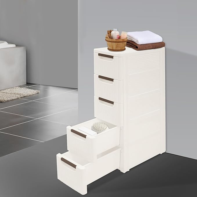 Narrow Plastic Storage Cart with 4 Drawers, Slim Rolling Organizer on Wheels, Mobile Utility Cart for Bathroom, Kitchen, Laundry Room, Bedroom & Office (5-Tier)
