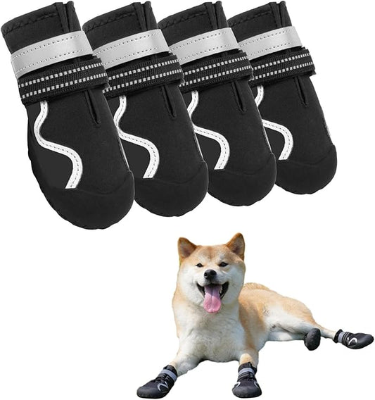 Dog Shoes Small Medium Large Size Dogs, Puppy Booties Paw Protector for Hot Pavement, Non-Slip Waterproof Rubber Reflective Strapped Boots (Black, Size 4#: (2.6 * 2.2) (L*W) for 31-40lbs)