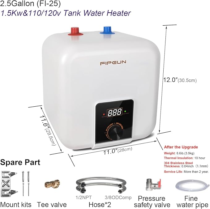 110V/115v/120V 1400-1500W Small Under Sink Tank 2.5 Gallon Water Heater Hot Storage，Mini Instant Electric RV TR Trailer Kitchen Compact Point-of-Use,2 PCs 16” Long 1/2”FIP Stainless Steel Hoses 9.5L