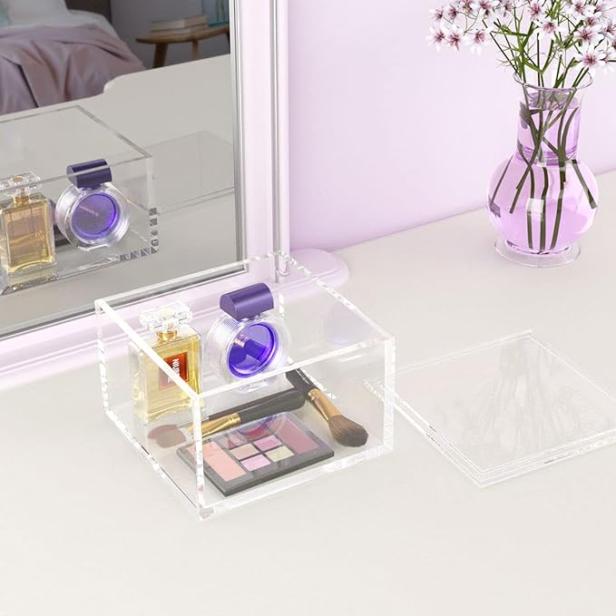 NIUBEE Acrylic Storage Box with Lids, 5.3‘’ Clear Mult-Purpose Box Square Stackable for Office, Home, Mini Cube Containers for Jewelry, Staples, Mini Toys