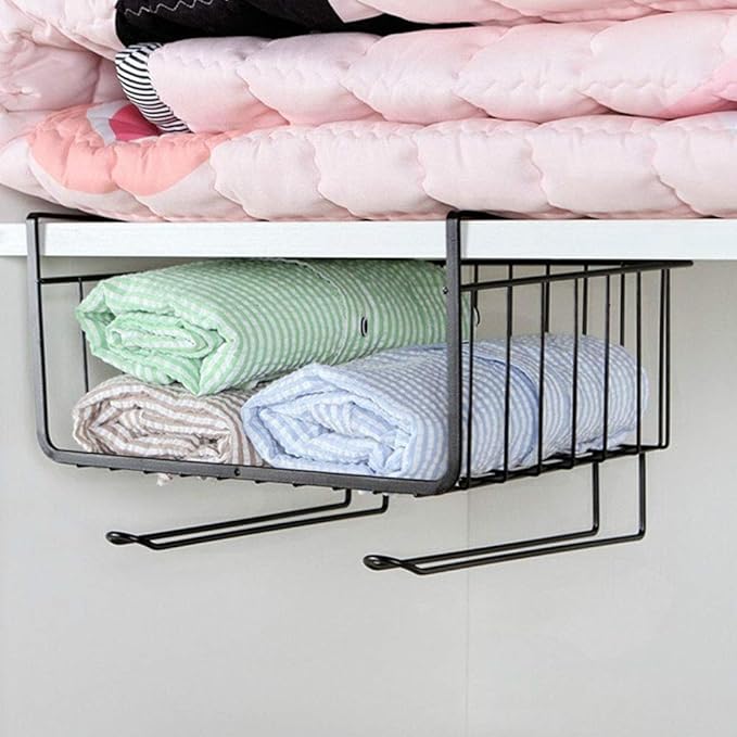 Pssopp Under Shelf Wire Basket, Hanging Storage Baskets Under Shelf Storage Organizer for Kitchen Pantry Desk Bookshelf (Black)