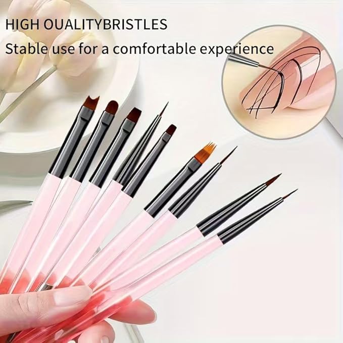 9Pcs Multi-Functional Nail Art Brush Set, Professional Brushes for Gel Polish, French Tip, Ombre, Liner & Clean Up, Manicure Tools for DIY & Salon Nail Design Tools-Pink