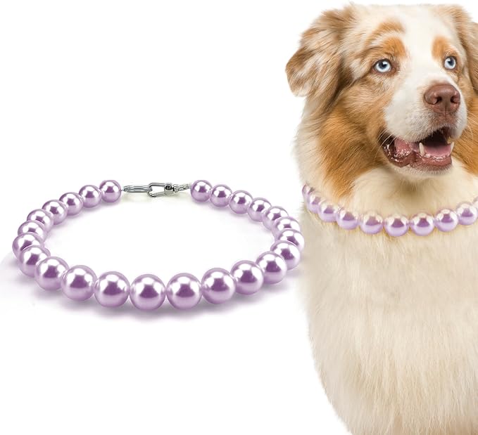 KUDES Chunky Pearl Dog Necklace (Beads 20mm),Elegant Classic Super Big Pearl Collar Necklace Accessories for Medium Large Dogs Occasions and Gatherings (Purple, L(Neck Girth17''-18.5''))