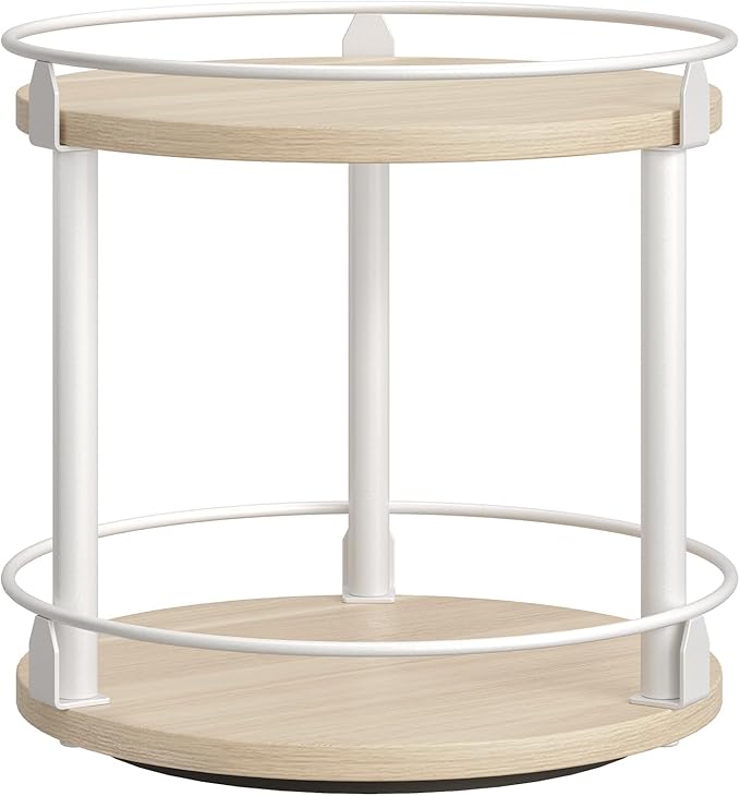 Lazy Susan Organizer, Rotating Spice Rack, 2 Tier Spice Turntable Organizer, Industrial Turntable Spice Holder, for Kitchen Countertop, Compact and Versatile, White and Light Oak SR22WG