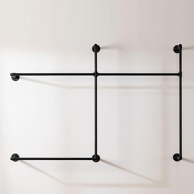 Industrial Pipe Clothing Rack Heavy Duty Wall Mounted Clothes Rack,Pipe Garment Rack Rail,Indoor Detachable Multi-Purpose Clothing Hanging Rod/Garment Bar, Black (3 hanging rods wall garment rack)