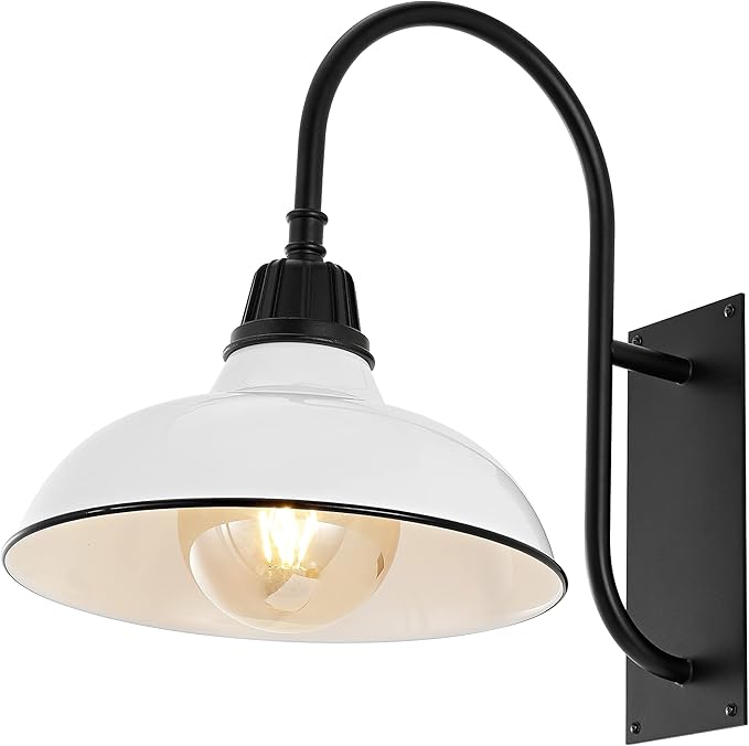 JONATHAN Y JYL7614A Stanley 12.25" 1-Light Farmhouse Industrial Indoor/Outdoor Iron LED Gooseneck Arm Outdoor Sconce Metal Bowl Shade Vintage Cottage Rustic Porch Patio Yard Barn, White