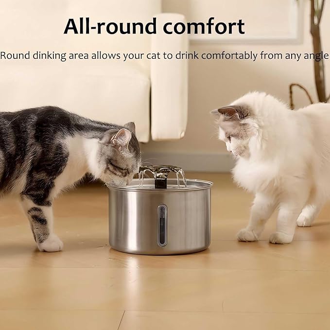 Stainless Steel Cat Water Fountain, 84oz/2.5L Pet Fountain Dog Water Dispenser with Water Level Window for Cats/Dogs Indoor, Flower Style Sprinkler, Silent Automatic USB Wired Dispenser,Filter Sponge