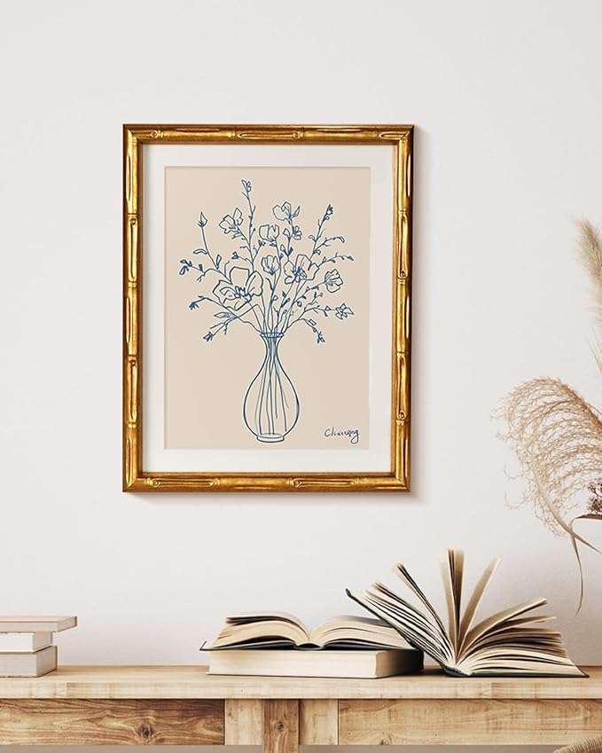 HUARCEY Botanical Blue Line Art 11x14 Inch Minimalist Flower Vase Print, Gold Bamboo-Textured Frame Modern Canvas Art for Living Room Bedroom Bathroom, Neutral Floral Home Office Gallery Wall Decor