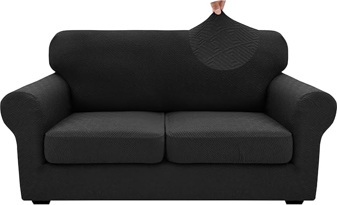XINEAGE 2025 New 3 Pieces Couch Covers for 2 Cushion Sofa Super Stretch Loveseat Slipcover Pet Dog Universal Slip Cover Anti Slip Love Seat Furniture Protector (Black, 55"-69")