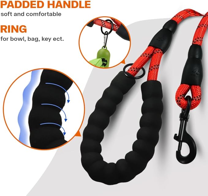 Taglory Rope Dog Leash 6 FT with Comfortable Padded Handle, Highly Reflective Threads Leash for Medium Large Dogs, 1/2 inch, Red